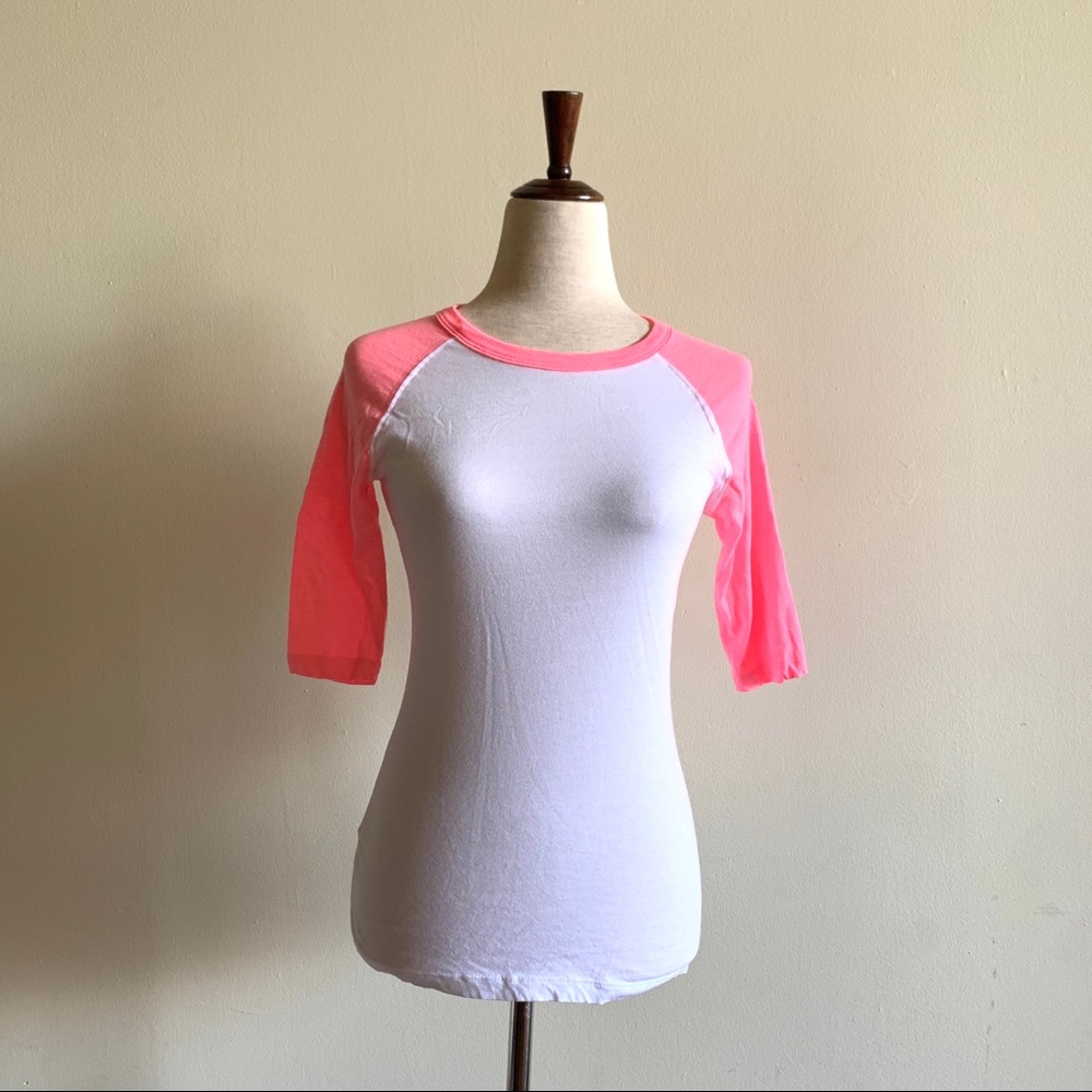 Baseball style t shirt Neon pink and white ringer tee Juniors Medium